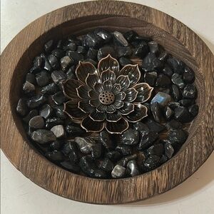 Wooden Bowl with Black Stones and Metal Flower to hold incense. Battery candle.